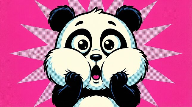 Shocked panda with big eyes on pink background concept. Cute animated panda expressing surprise and delight.
