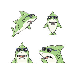Cartoon sharks wearing sunglasses in various poses on white background
