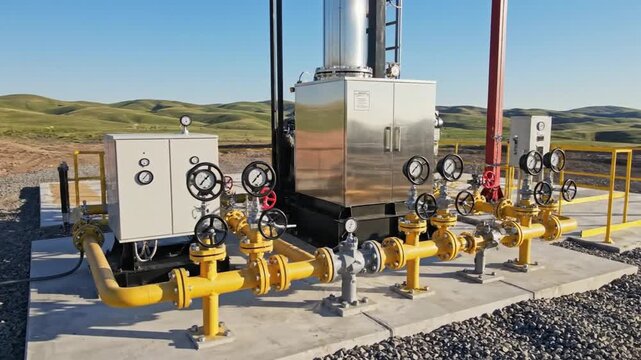 Industrial machinery installation, complex system with gauges, valves, and pipes. Set on a concrete base