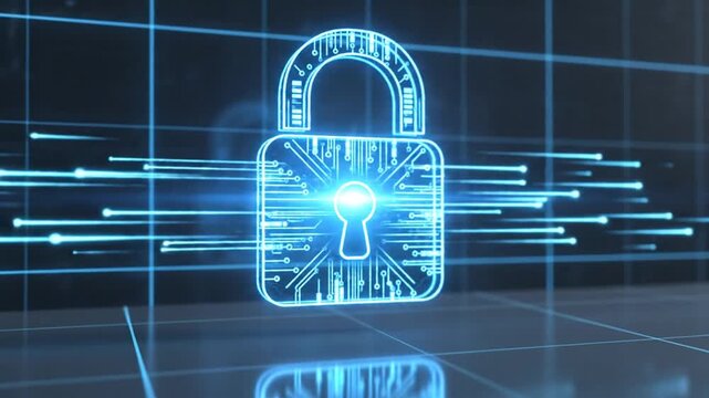 A digital padlock, illuminated by blue lines, suggesting secure data against a dark grid