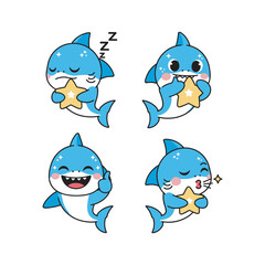 Cute cartoon shark characters with starfish in various emotions