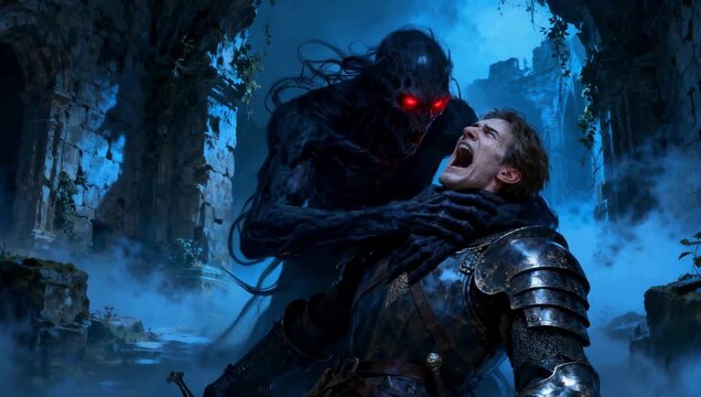 Knight fighting shadow demon strangulation in ancient dark ruins