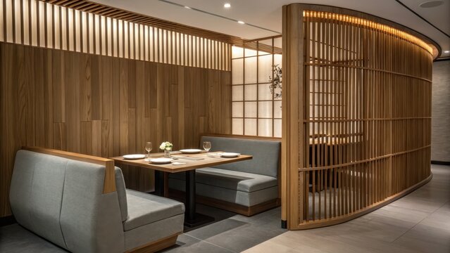 Modern Japandi restaurant interior with wooden booths and lattice dividers