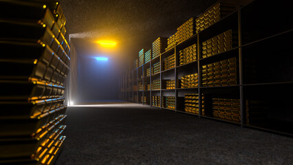Generic gold reserve vault with stacks of gold bars. Bank vault with gold and cash. 3d rendering
