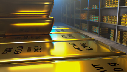 Generic gold reserve vault with stacks of gold bars. Bank vault with gold and cash. 3d rendering