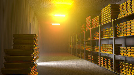 Generic gold reserve vault with stacks of gold bars. Bank vault with gold and cash. 3d rendering