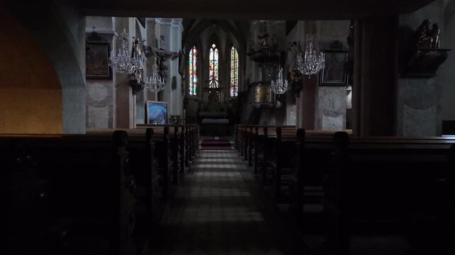 Slow motion macro of medieval frescoes and interior in Saint George's Church, P&uuml;rgg