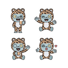 Cute cartoon leopard characters showing emotions with coffee cup in leopard print onesie