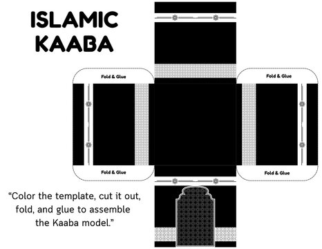 Islamic Kaaba coloring craft template for kids featuring a 3D paper model to color, cut, and assemble. Perfect for Ramadan and Eid al-Fitr classroom activities, homeschool projects, bulletin boards, a