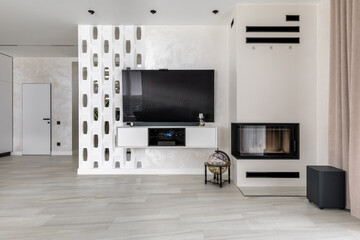 Naklejka premium Modern Living Room Interior with TV Zone and Fireplace
