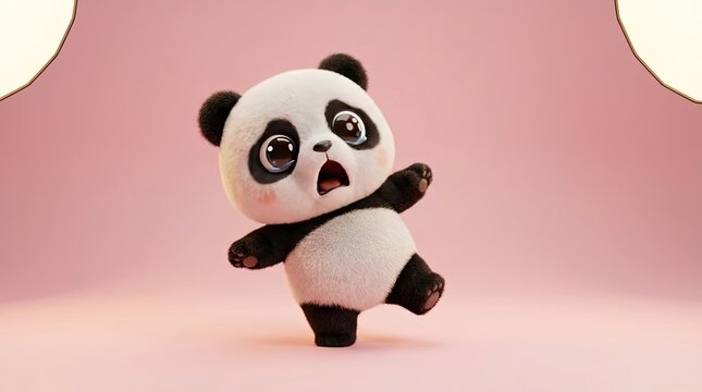 Shocked panda with big eyes on pink background concept. Cute panda character in a playful pose against a soft pink backdrop.