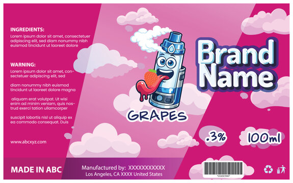 Grapes Vape Liquid Packaging  Label with  Mascot logo Vector Template