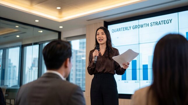 A woman presents a quarterly growth strategy to colleagues in a modern office setting, using a large display screen.