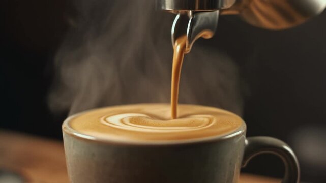 Hot Coffee Pouring into a Mug with Latte Art, Steam Rising