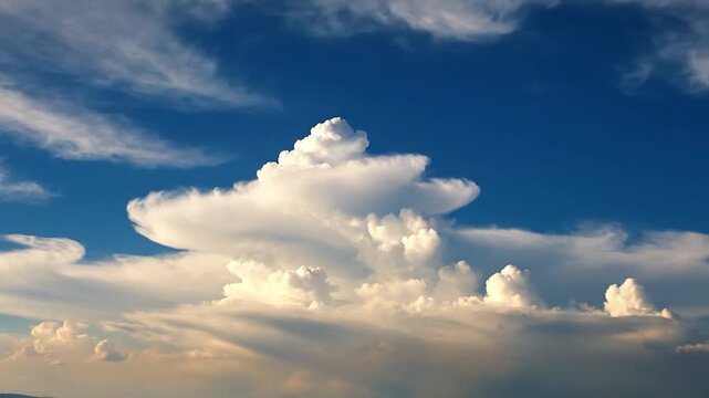 Majestic white cloud formation rises against a vibrant blue sky with wispy