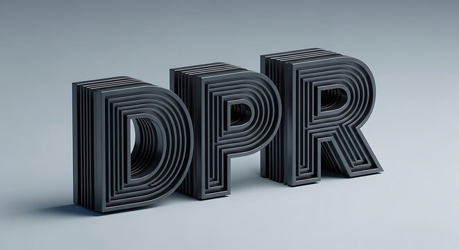 3D Rendering of the letters DPR stacked in a dark gray abstract font against a clean light gray background, showcasing a modern geometric design
