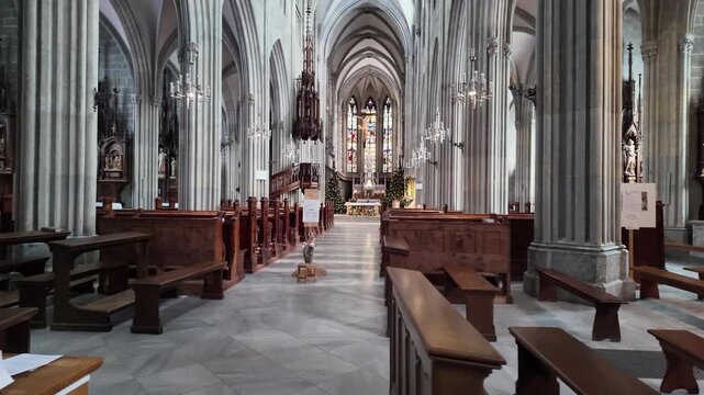 Slow Motion Interior of Admont Abbey Church with Neo-Gothic Architecture