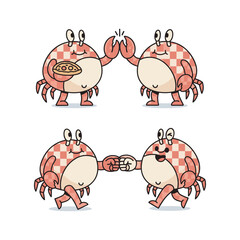Cartoon crabs sharing food and holding hands in friendship gesture