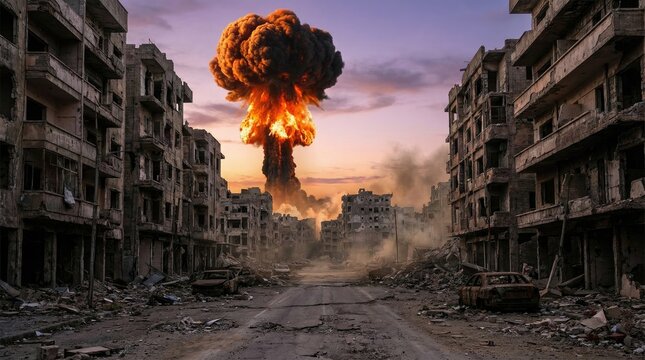 Empty city street with building ruins and dramatic explosion concept. Dramatic scene depicting destruction and chaos from an explosion.