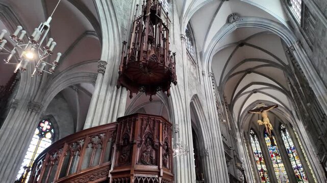 Slow motion interior of Admont Abbey church with high neo-Gothic vaults and religious art
