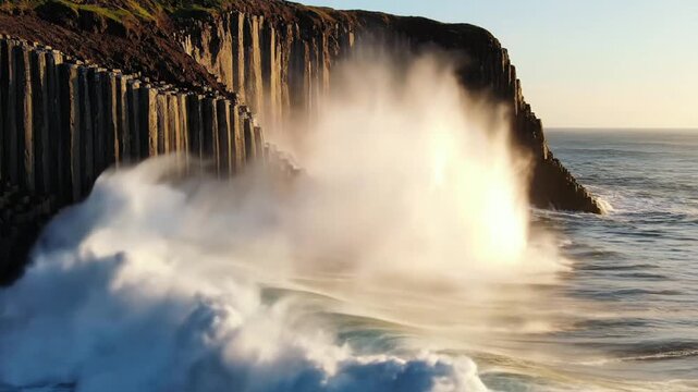 A large wave crashes against a towering cliff of columnar basalt, creating a dramatic display of power