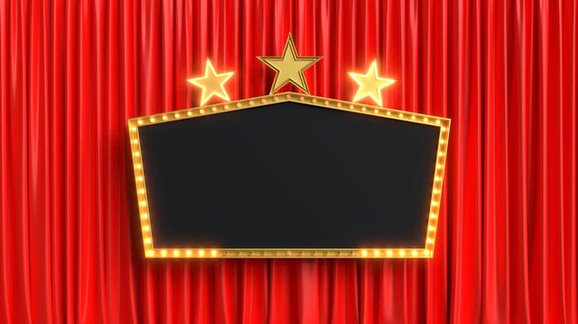 Retro marquee sign with star lights on a red curtain for custom text. 3D Render