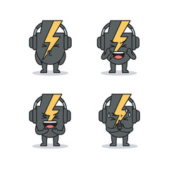 Cartoon robot character with headphones expressing different emotions with lightning symbol