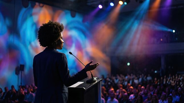 Silhouette of African American woman speaking at business dais concept. Dynamic speaker engaging an audience with vibrant lighting.