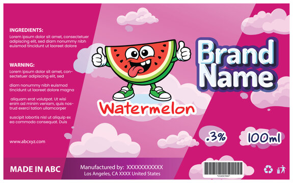 Watermelon Vape Liquid Packaging  Label with  Mascot logo Vector Template