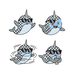 Narwhal characters with sunglasses in different poses on white background