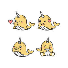 Cute cartoon narwhals showing different emotions with copy space