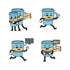 Cartoon coffee cups running and greeting with hello sign
