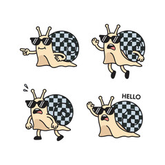 Cartoon snail character in sunglasses showing emotions on white background