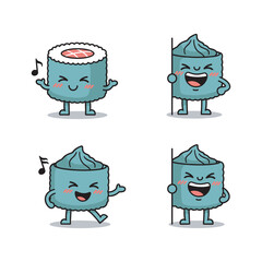 Cartoon sushi characters dancing and having fun in various poses with musical notes