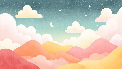 Fototapeta premium Dreamy pastel sky with crescent moon, stars, and soft, rolling hills