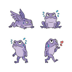 Cartoon frog transformation with emotional expressions on white background