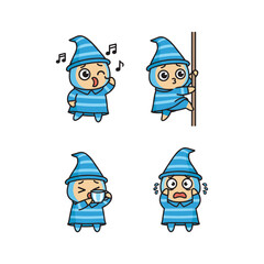 Cartoon character expressing different emotions in blue costume with copy space