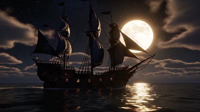 Enchanted pirate sailing ship drifting through calm night ocean illuminated by radiant celestial moon detailed wooden hull and dark sails reflecting golden lunar glow surrounded by drifting clouds mys