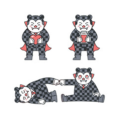 Cartoon vampire character in checkered suit holding red heart and cup in various poses with comedic expression