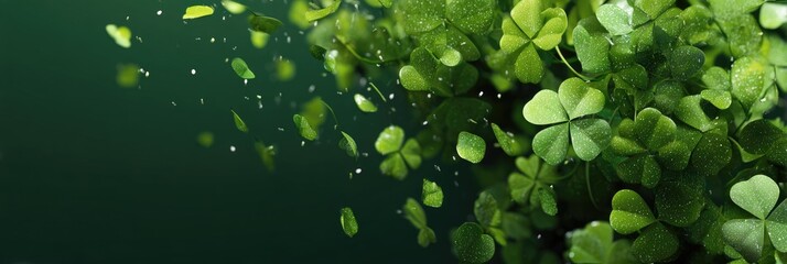 Vibrant green shamrocks cascade into a dark, misty abyss, speckled with dew