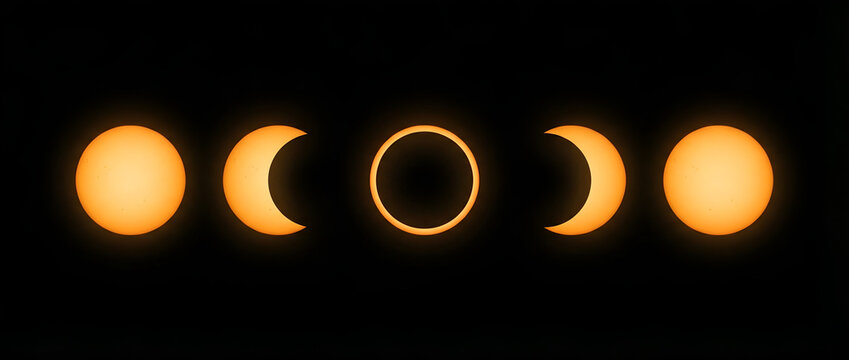Solar Eclipse Phase Sequence with Perfect Geometric Alignment on Black Background