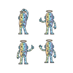 Cartoon robots with halos showing various gestures in a set on white background