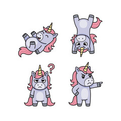 Cartoon unicorn with different emotions and poses on white background