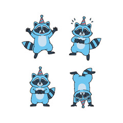 Cute cartoon raccoons celebrating birthday in different poses with party hats