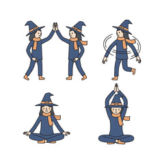 Cartoon witch practicing yoga and celebrating success in various poses with copy space