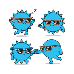Cute cartoon virus characters dancing and having fun in sunglasses