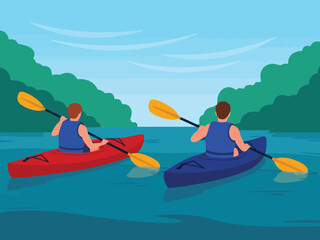 Obraz premium Two people enjoy a peaceful kayaking adventure on a calm river surrounded by lush green trees.