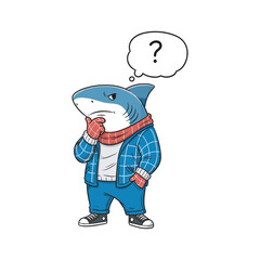 Cartoon shark character thinking with question mark in casual outfit