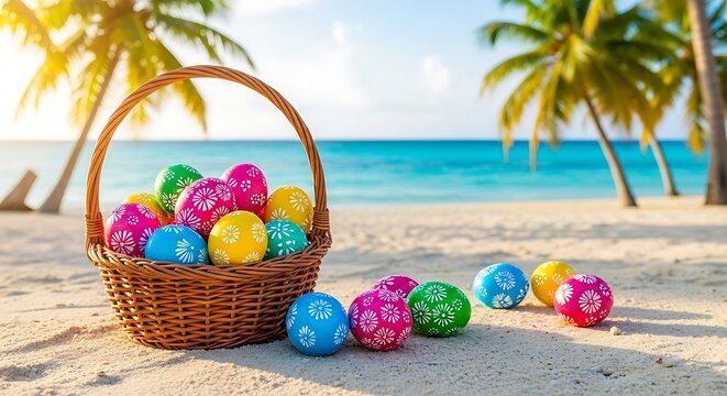 Colorful Easter Eggs in a Wicker Basket on a Sunny Tropical Beach with Palm Trees and Turquoise Ocean