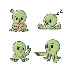 Cute cartoon octopus with different emotions and gestures on white background